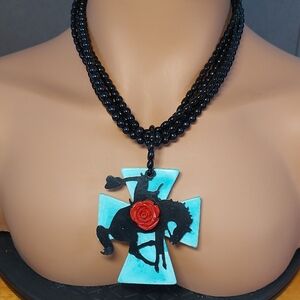 Western Gothic Statement Necklace — Turquoise Cross, Cowboy Motif & Red Rose